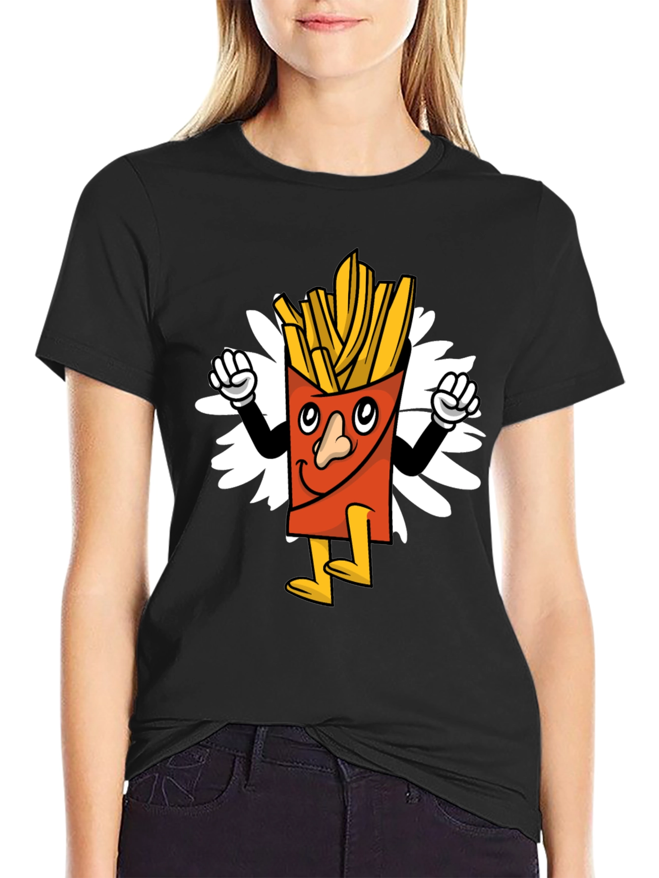 Cartoon Fries Graphic Tee - Black Casual T-Shirt
