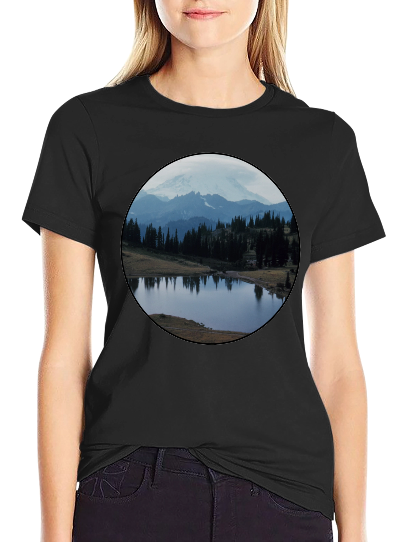 Scenic Mountain Lake Black T-Shirt