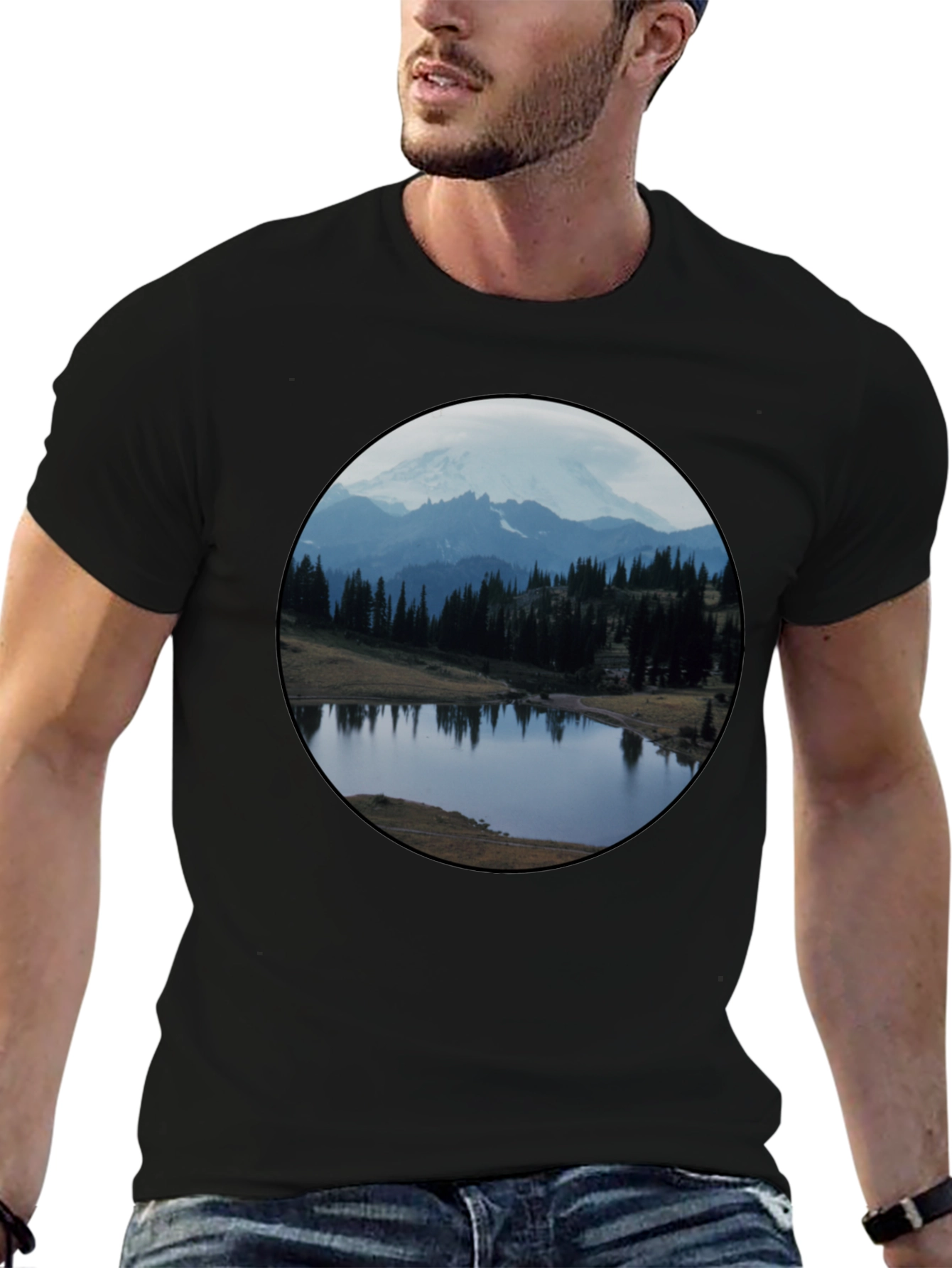 Scenic Mountain Lake Black T-Shirt