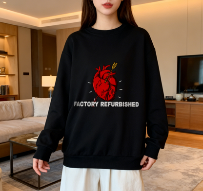 Quirky “Factory Refurbished” Heart Graphic Crewneck