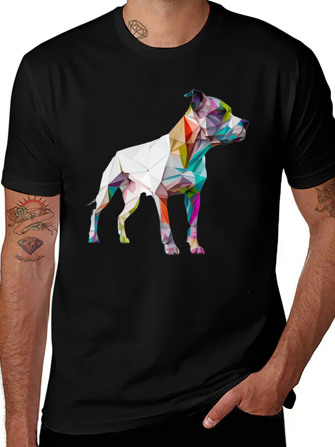 Geometric Dog Graphic Print Black T-Shirt