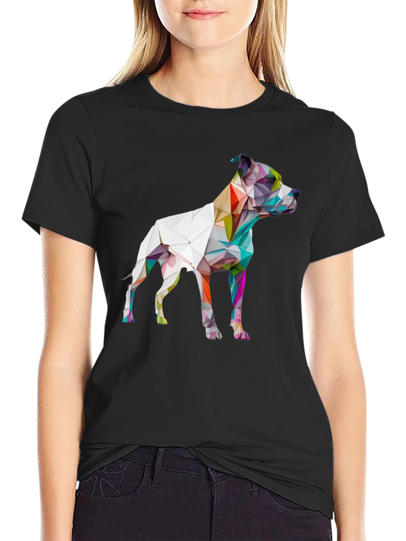 Geometric Dog Graphic Print Black T-Shirt