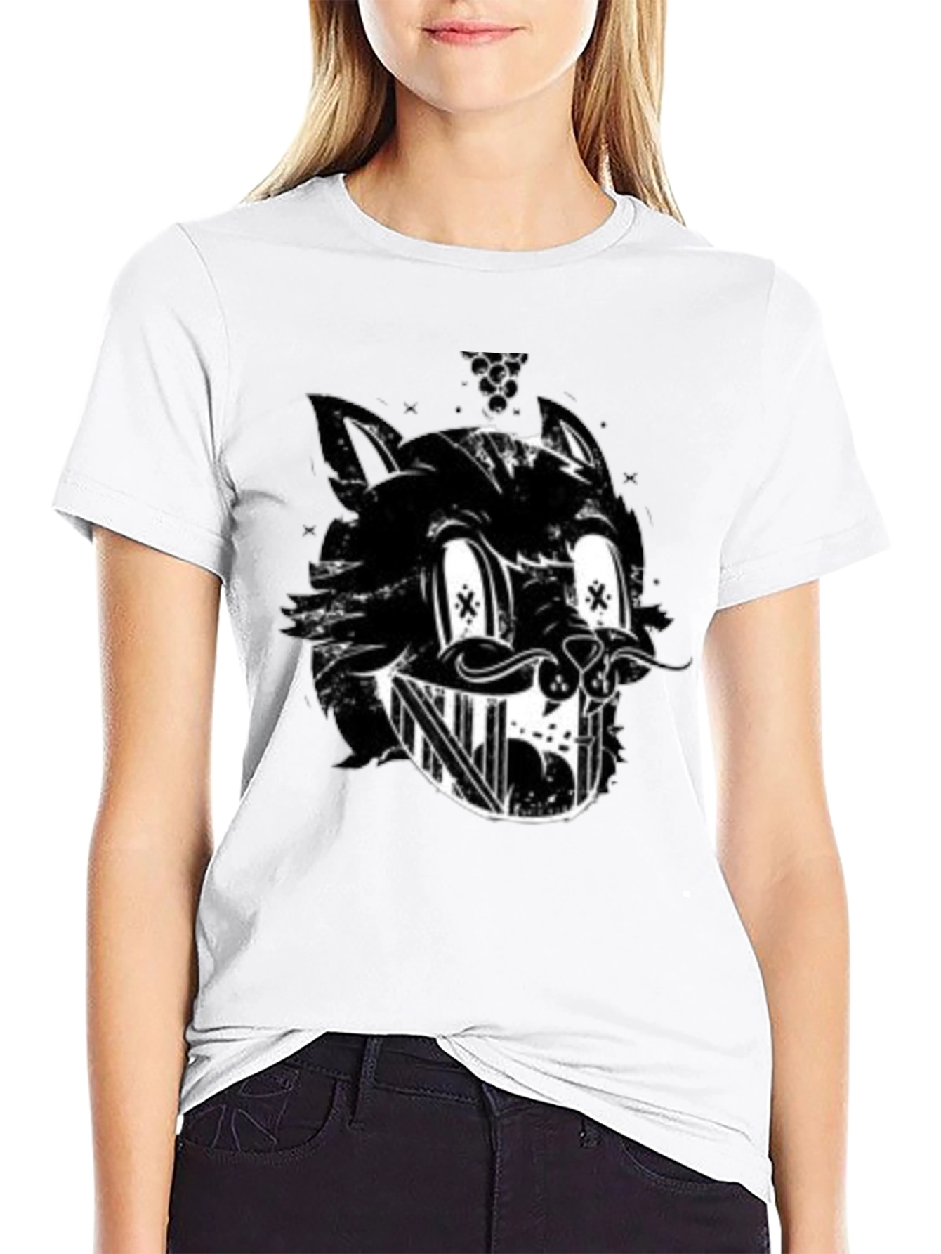 Grinning Cartoon Cat Black T-Shirt