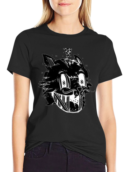 Grinning Cartoon Cat Black T-Shirt