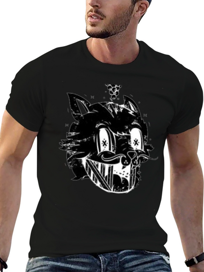 Grinning Cartoon Cat Black T-Shirt
