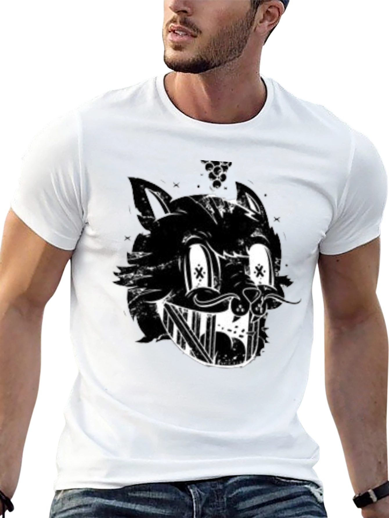 Grinning Cartoon Cat Black T-Shirt