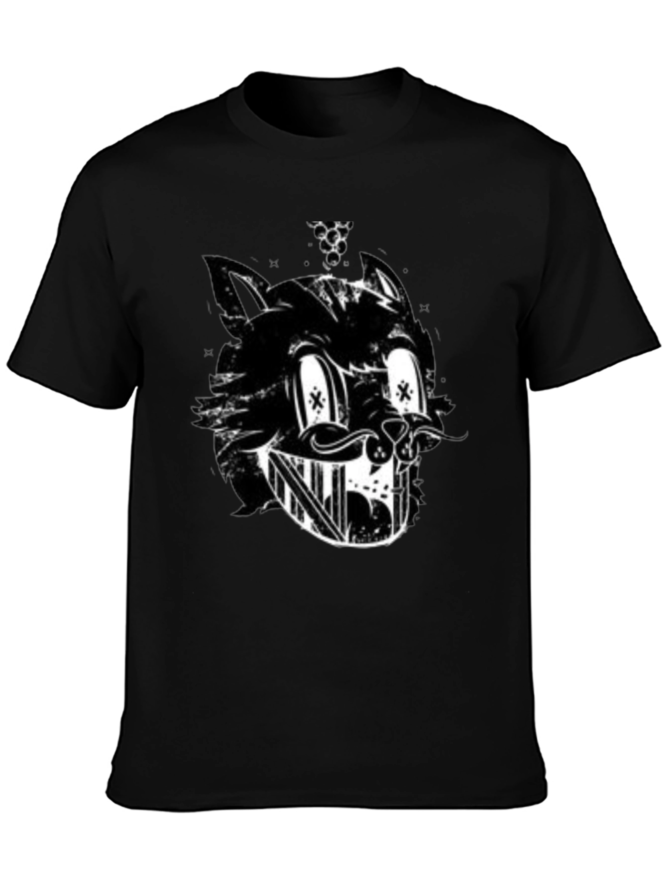 Grinning Cartoon Cat Black T-Shirt