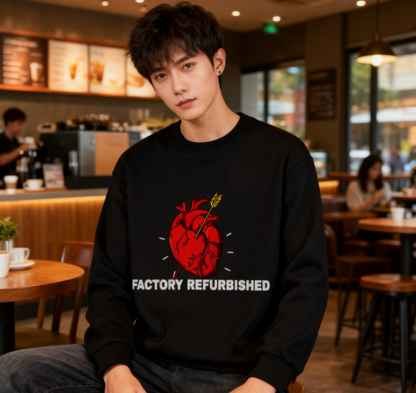 Quirky “Factory Refurbished” Heart Graphic Crewneck