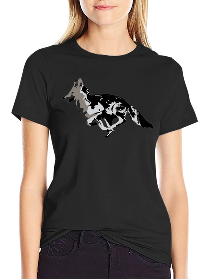 Black T-Shirt with Running Wolf Design