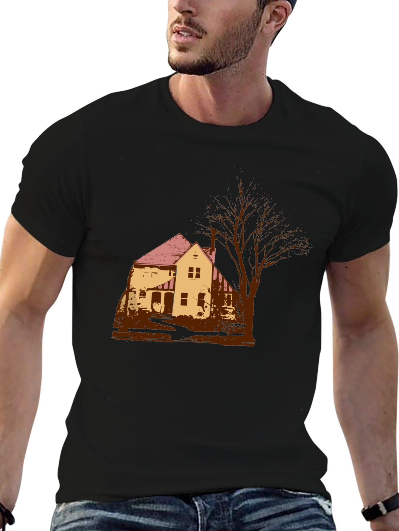 Spooky House Graphic Tee - Classic Black Cotton T-Shirt