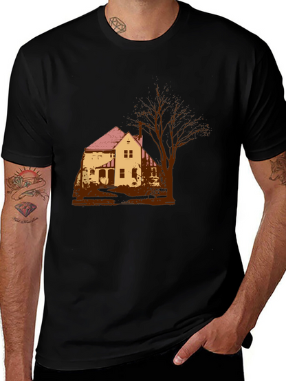 Spooky House Graphic Tee - Classic Black Cotton T-Shirt