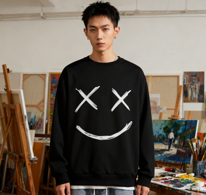 Minimalist Edgy X-Eye Smiley Graphic Sweatshirt