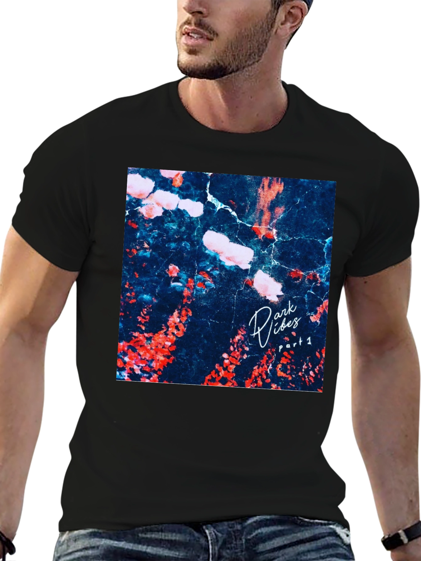 Dark Vibes Graphic Tee - Black Cotton Casual