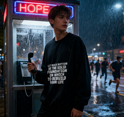 Playful "Rock Bottom As Foundation" Motivational Graphic Sweatshirt