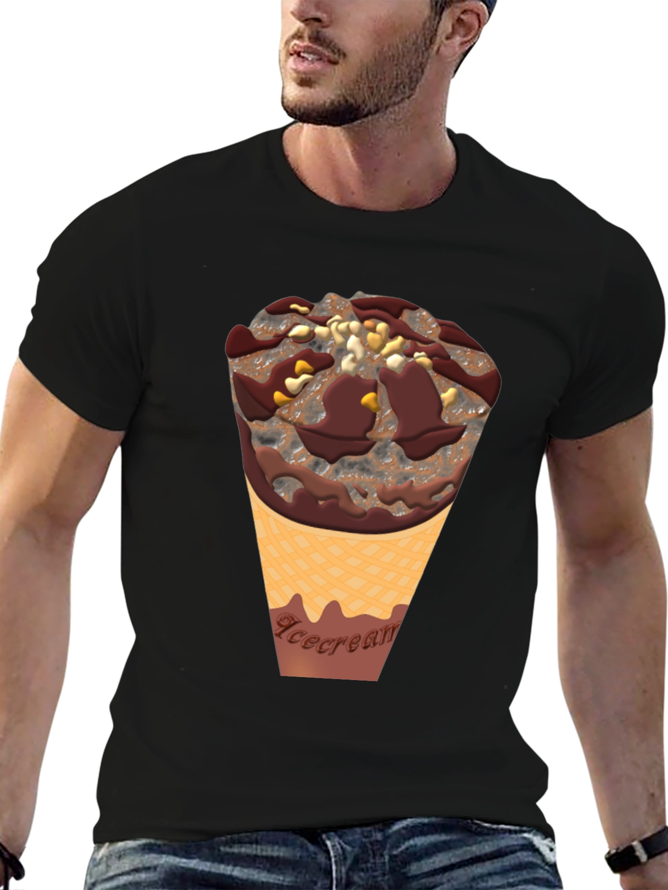 Ice Cream Cone Graphic Tee - Black Cotton Blend