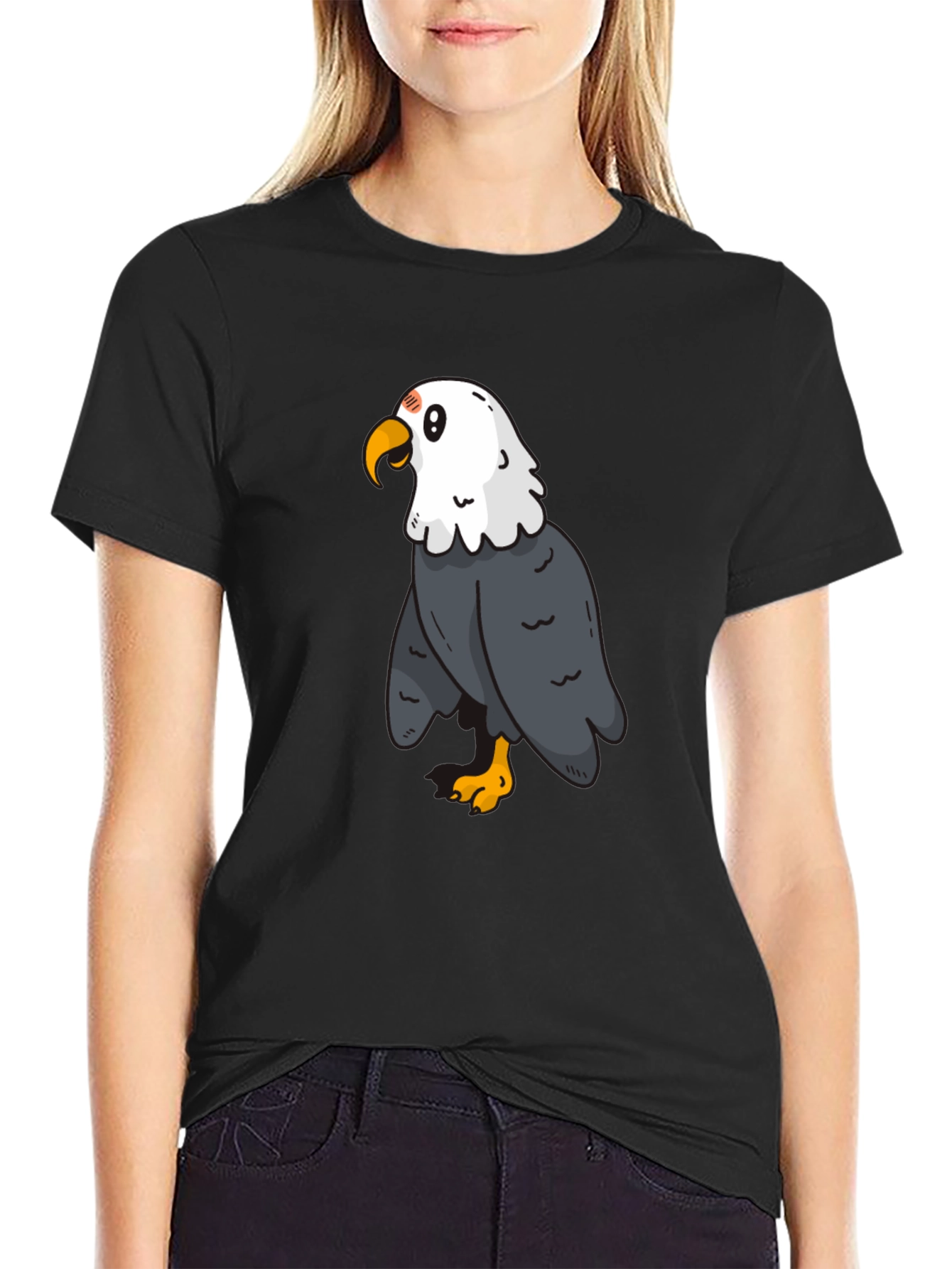 Cartoon Eagle Graphic Tee - Black Cotton Blend