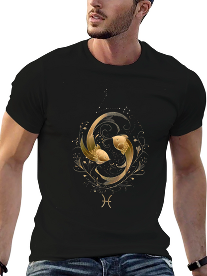 Pisces Zodiac Gold Fish Graphic Black T-Shirt