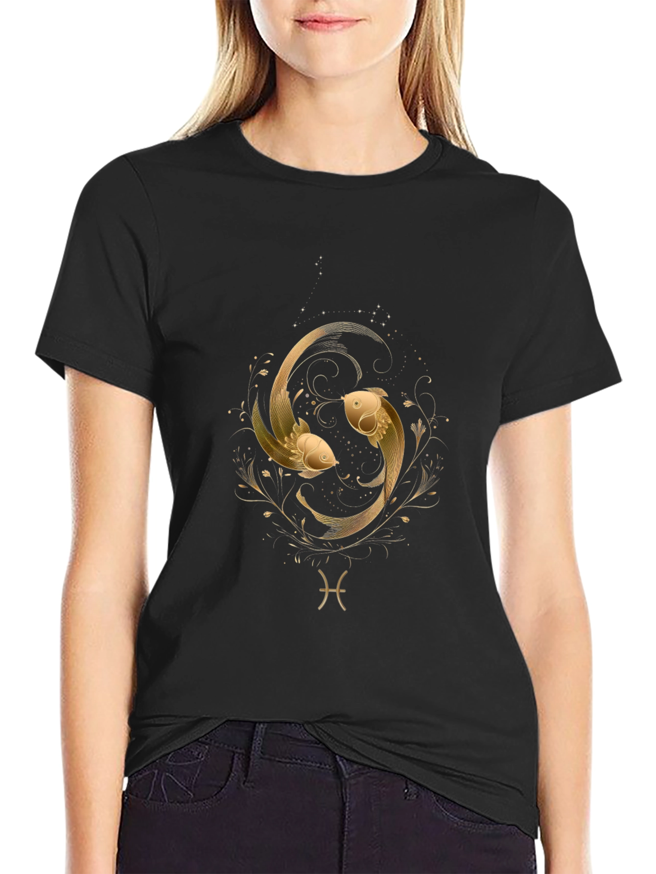 Pisces Zodiac Gold Fish Graphic Black T-Shirt