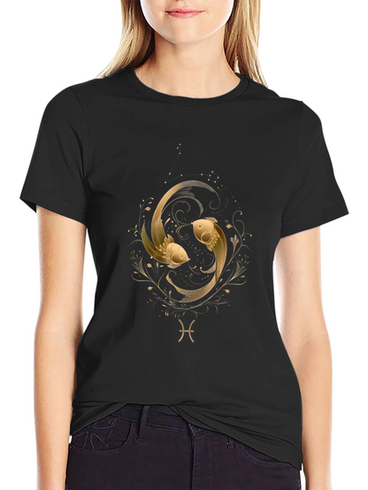 Pisces Zodiac Gold Fish Graphic Black T-Shirt