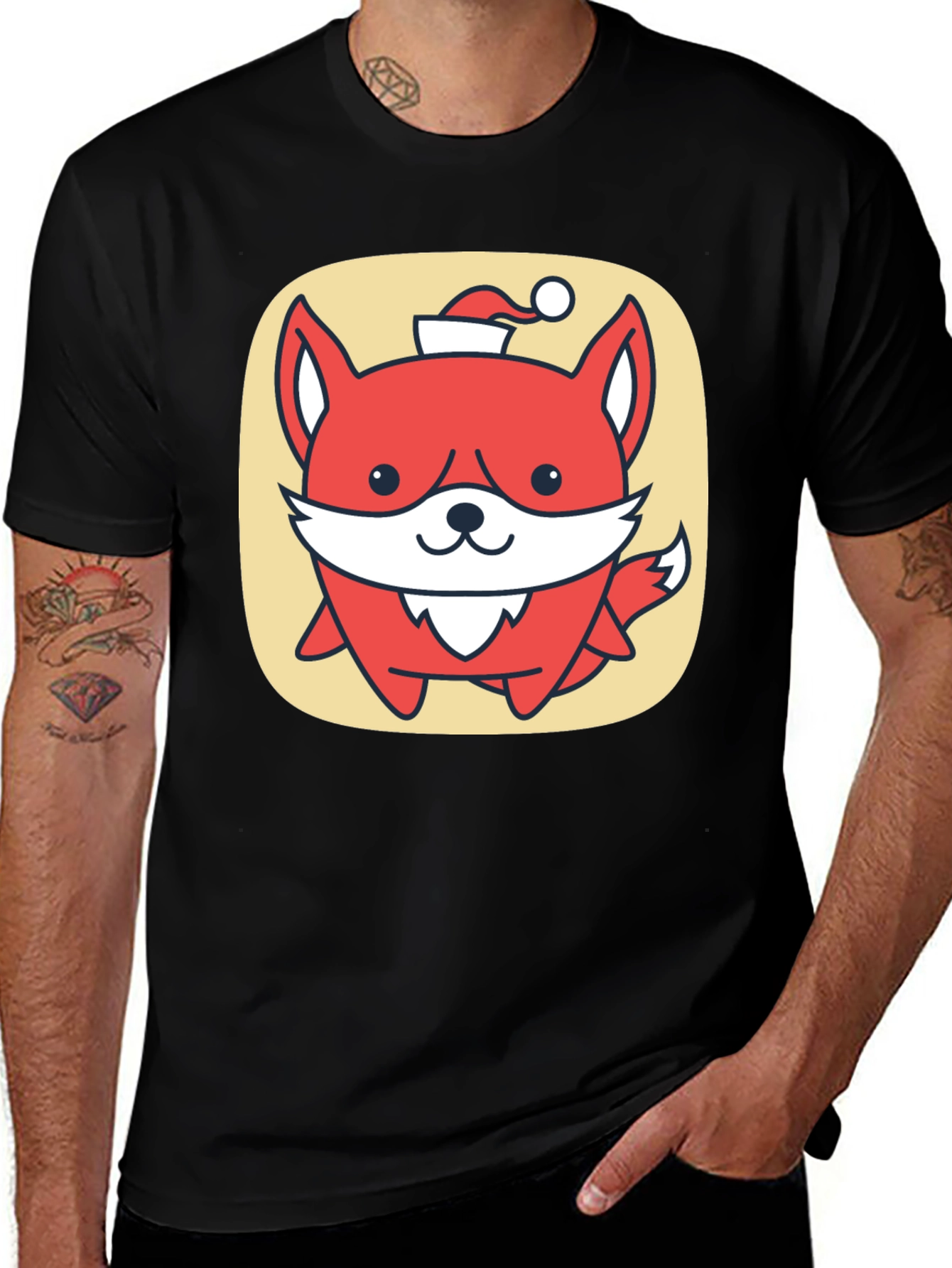 Cute Fox with Santa Hat Graphic Tee - Black