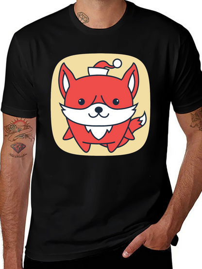 Cute Fox with Santa Hat Graphic Tee - Black