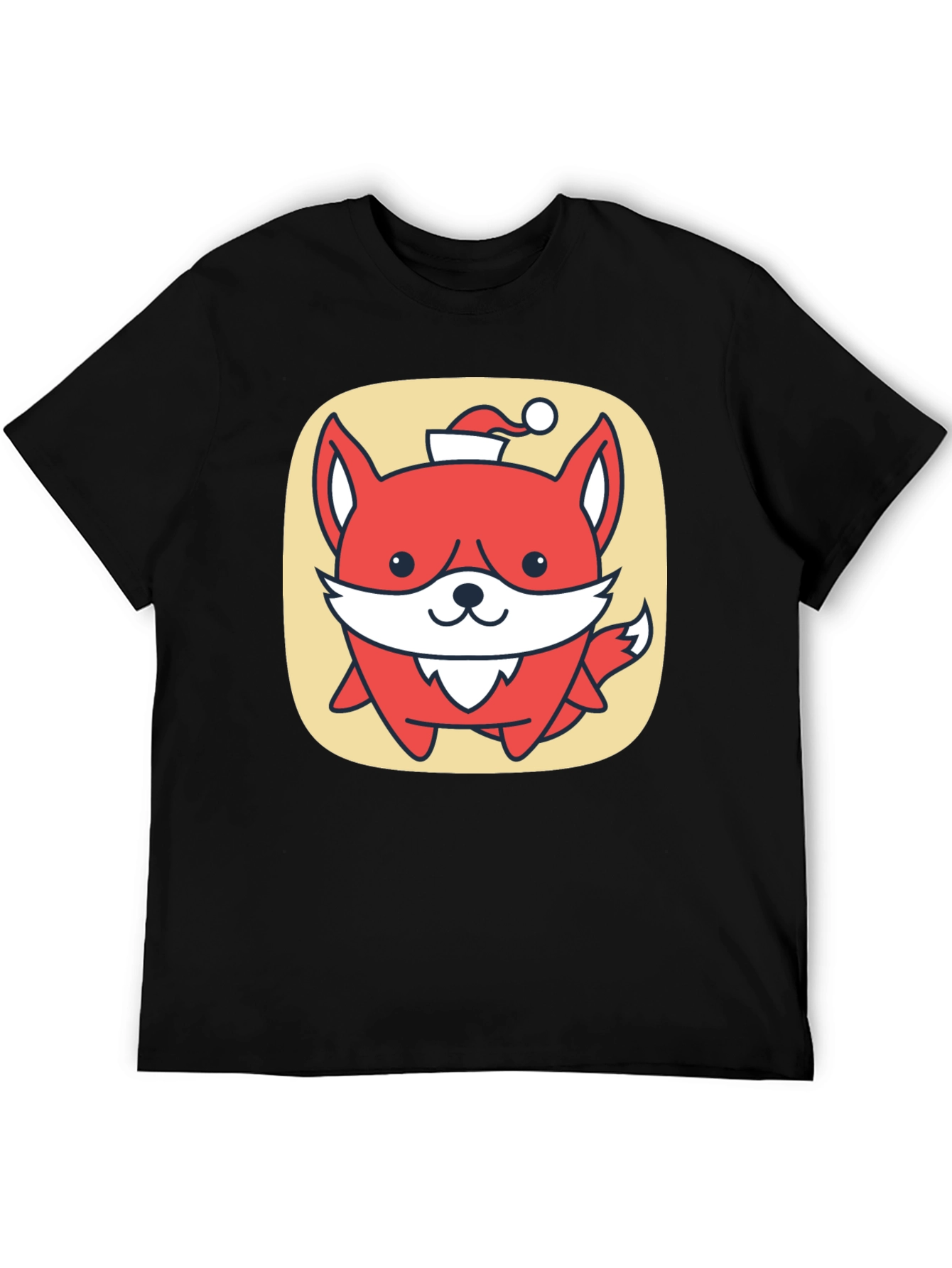 Cute Fox with Santa Hat Graphic Tee - Black