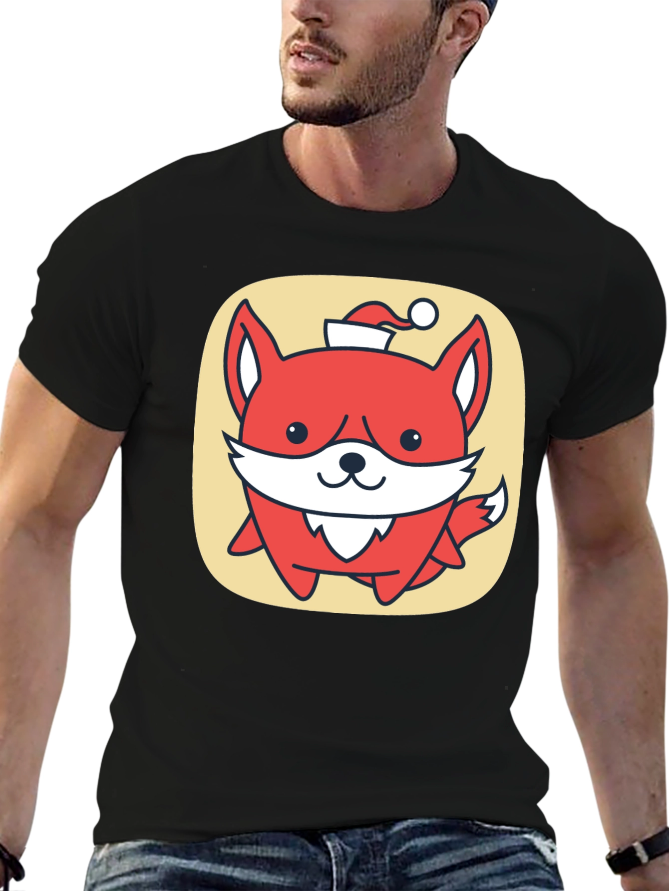 Cute Fox with Santa Hat Graphic Tee - Black