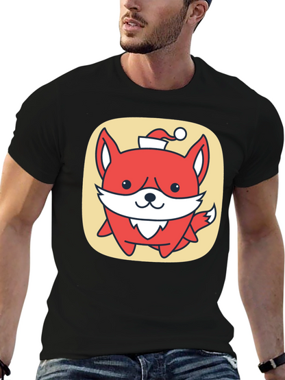 Cute Fox with Santa Hat Graphic Tee - Black