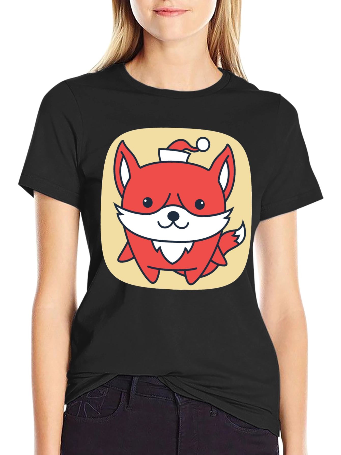 Cute Fox with Santa Hat Graphic Tee - Black