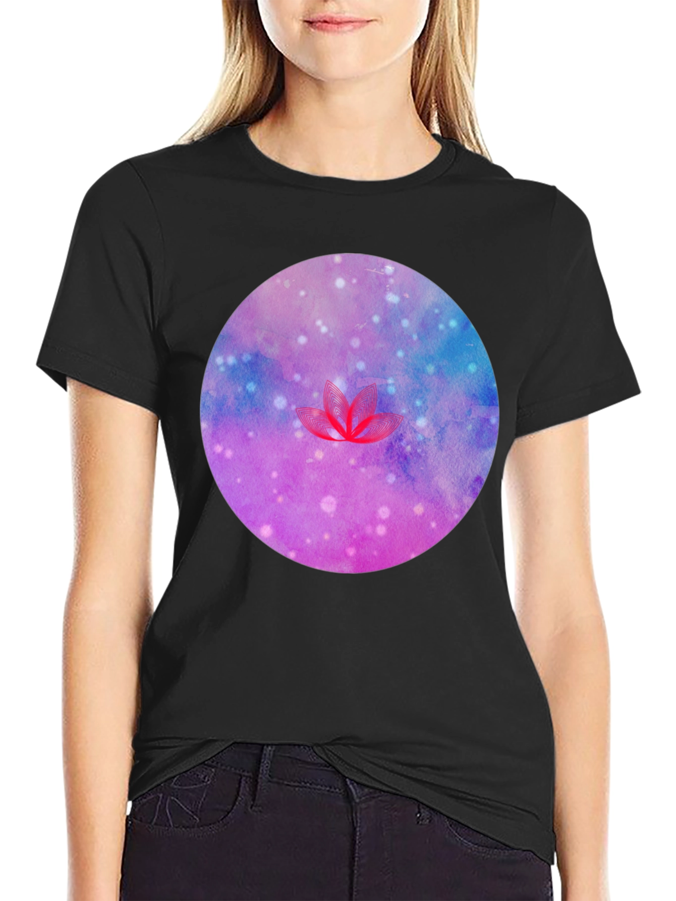 Galaxy Lotus Flower Graphic Tee - Black