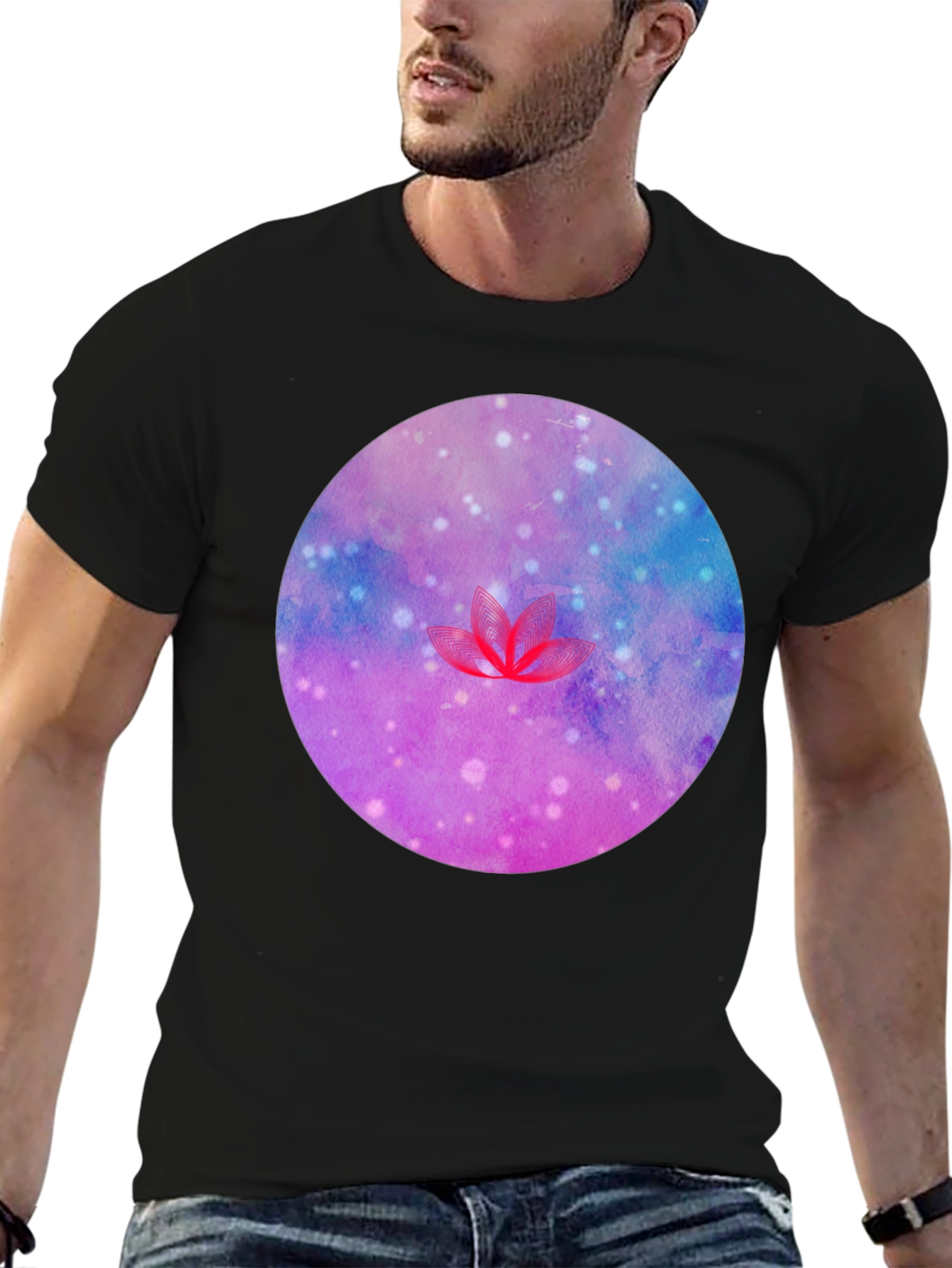 Galaxy Lotus Flower Graphic Tee - Black