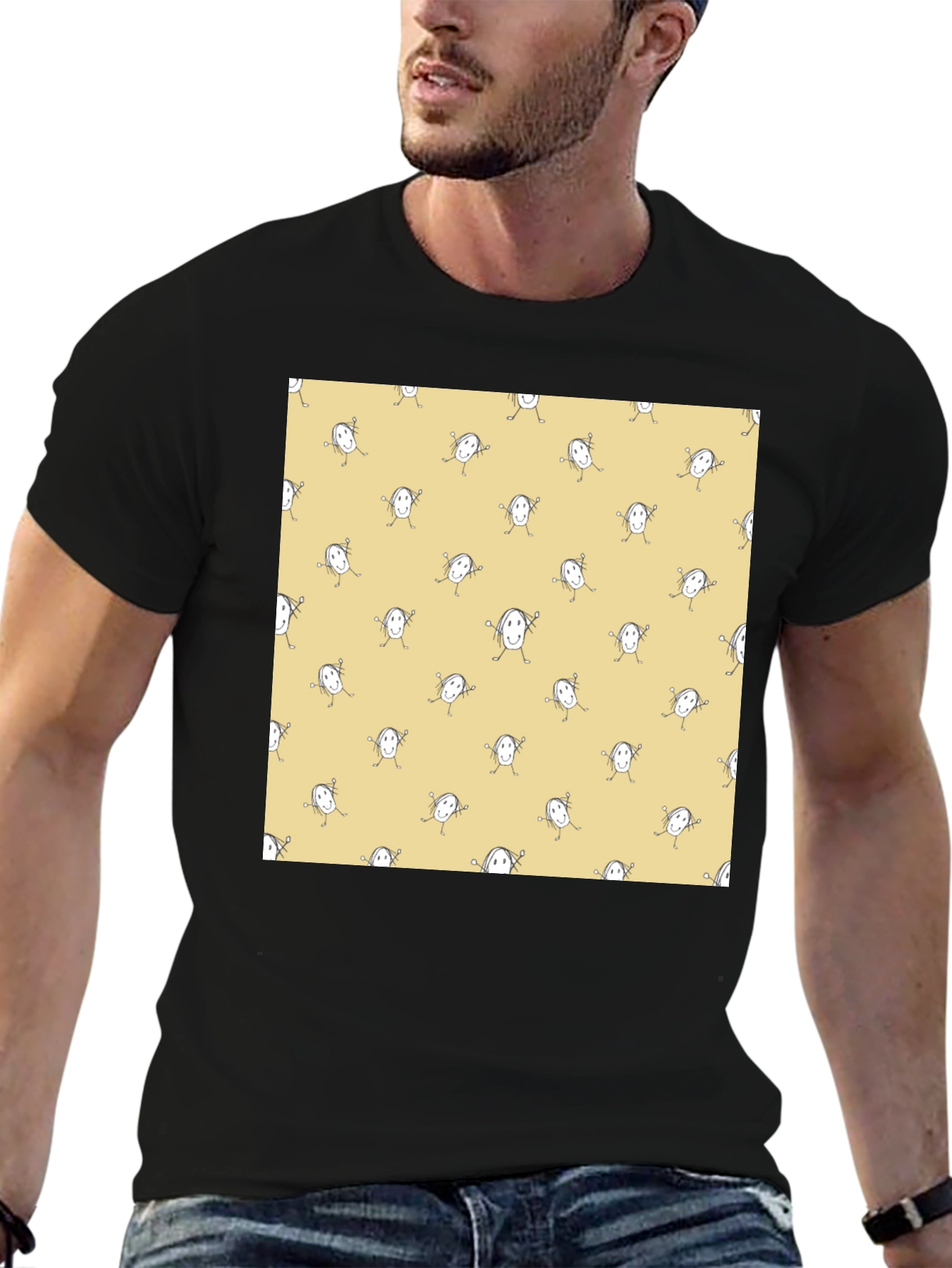 Funny Smiley Face Pattern Black T-Shirt