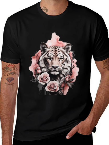 Floral Tiger Graphic Tee - Stylish Black T-Shirt
