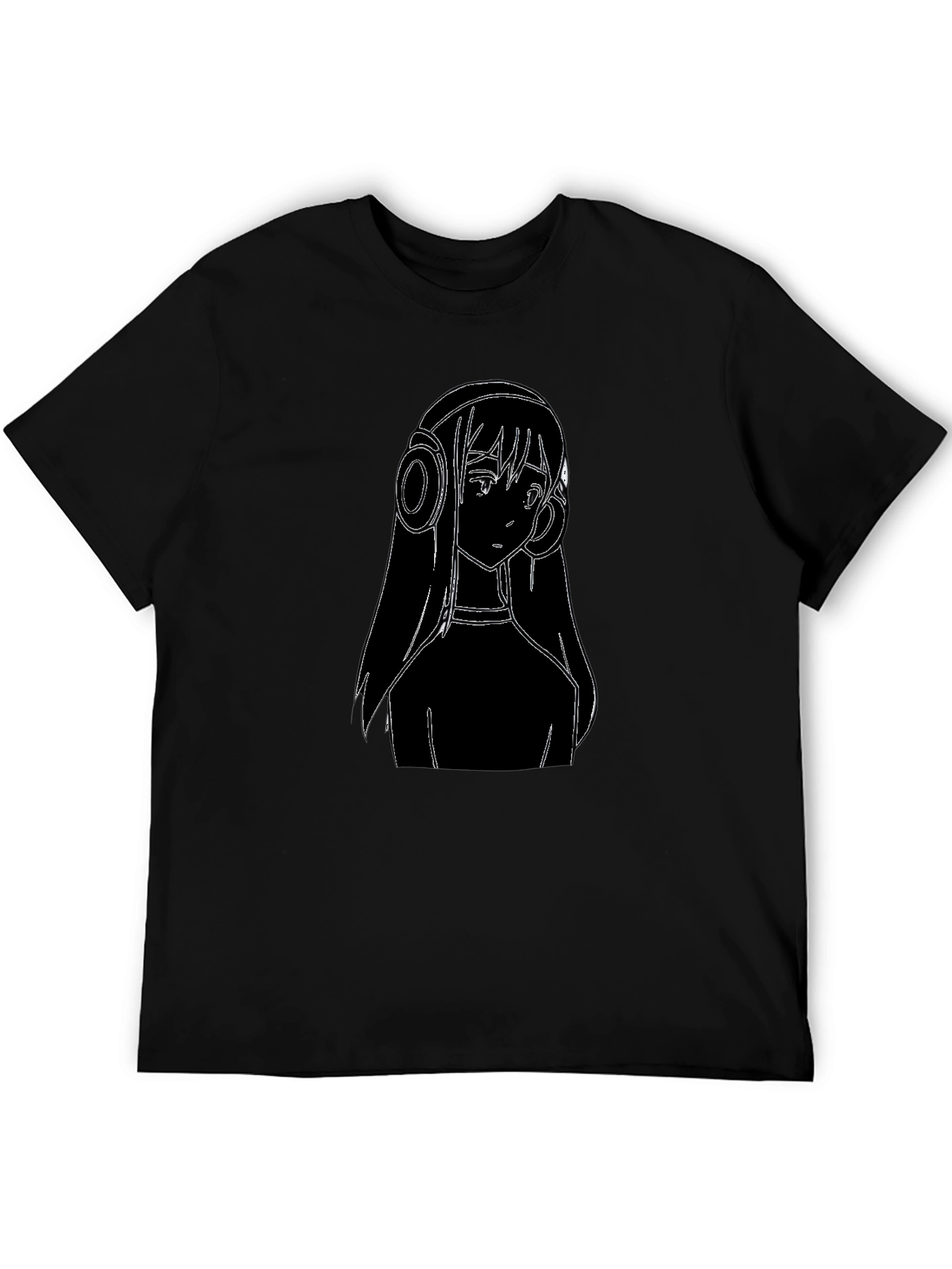 Anime Girl Headphones Graphic Tee - Black Cotton T-Shirt