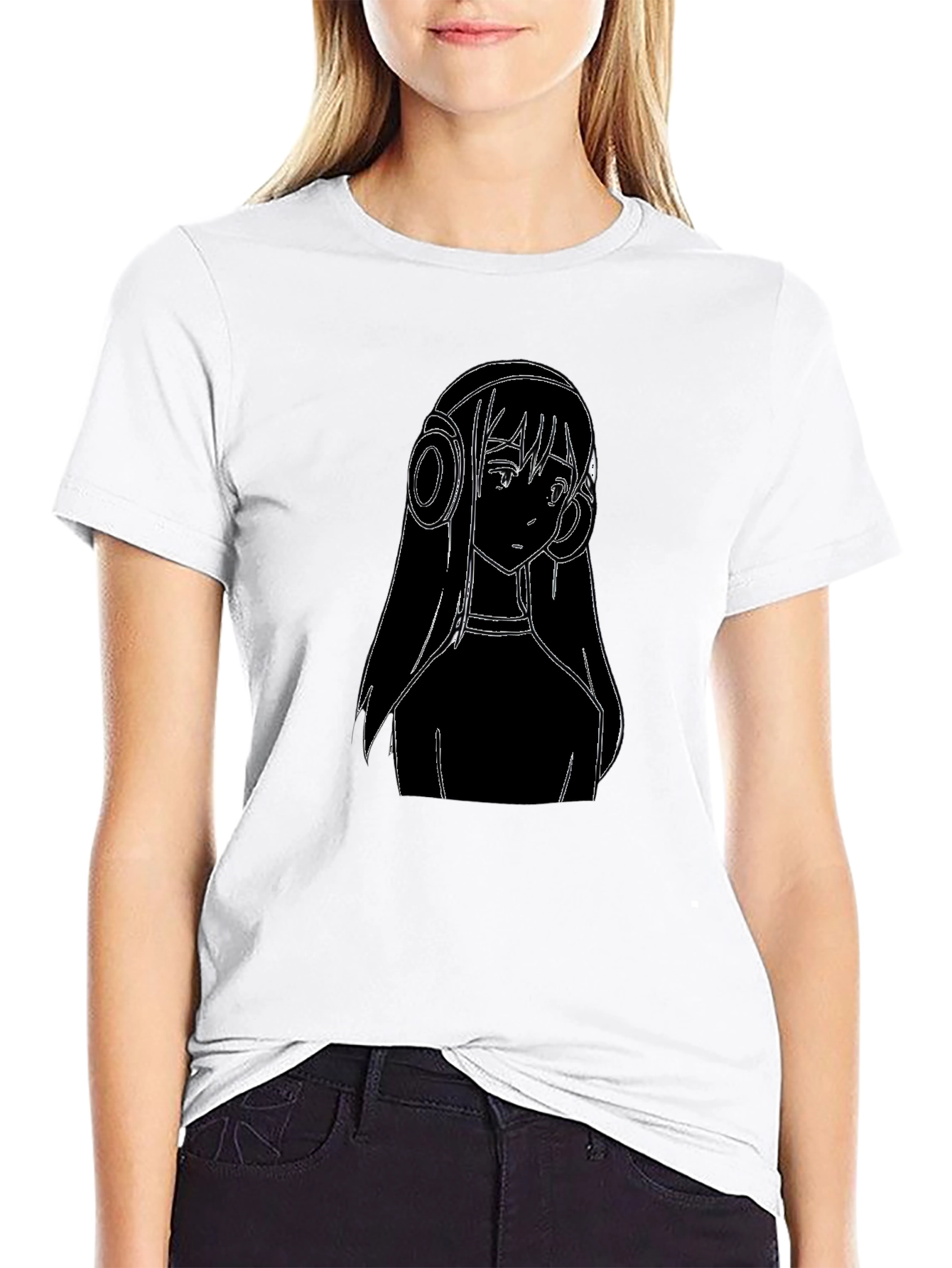 Anime Girl Headphones Graphic Tee - Black Cotton T-Shirt