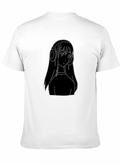 Anime Girl Headphones Graphic Tee - Black Cotton T-Shirt