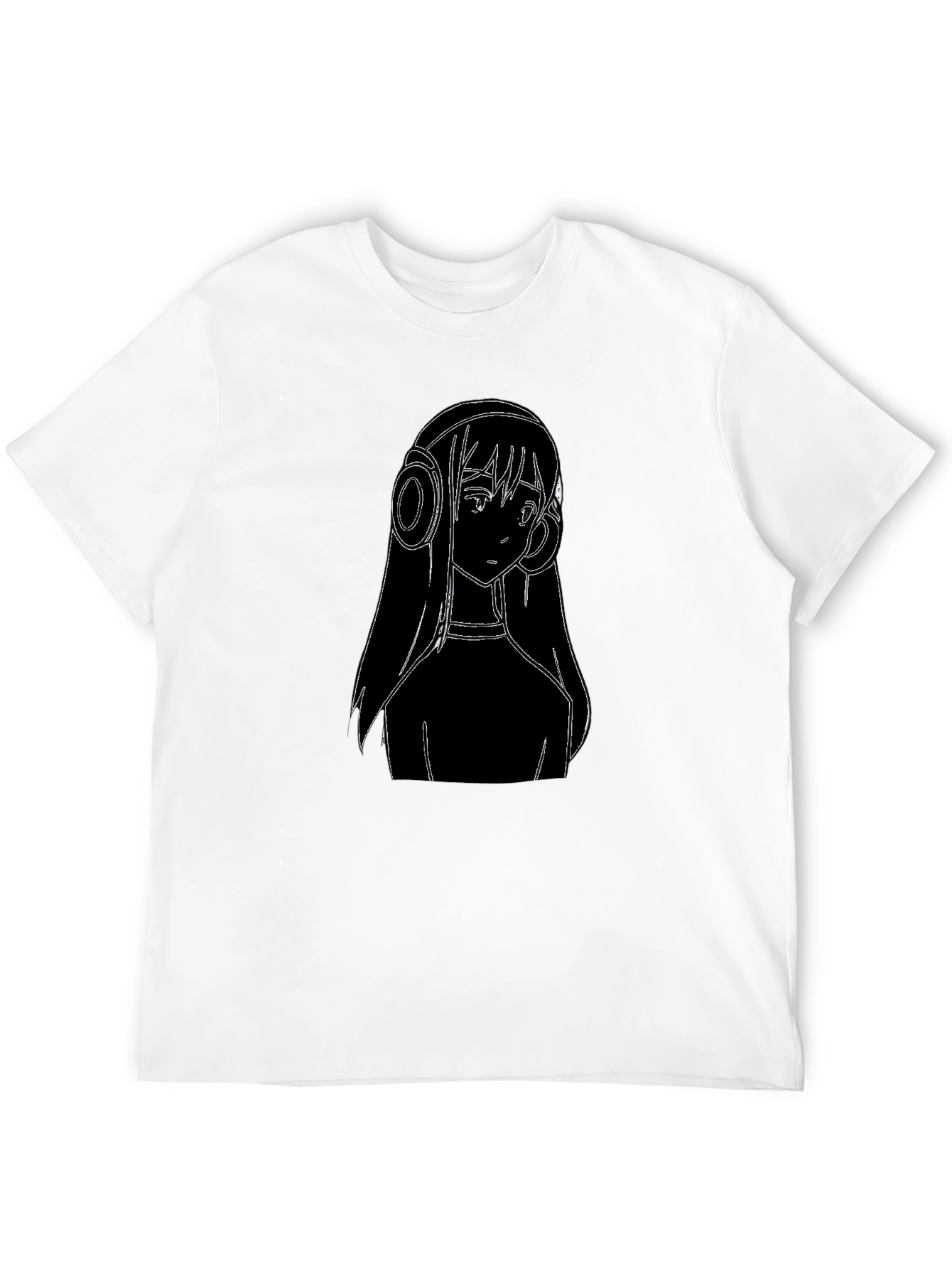 Anime Girl Headphones Graphic Tee - Black Cotton T-Shirt