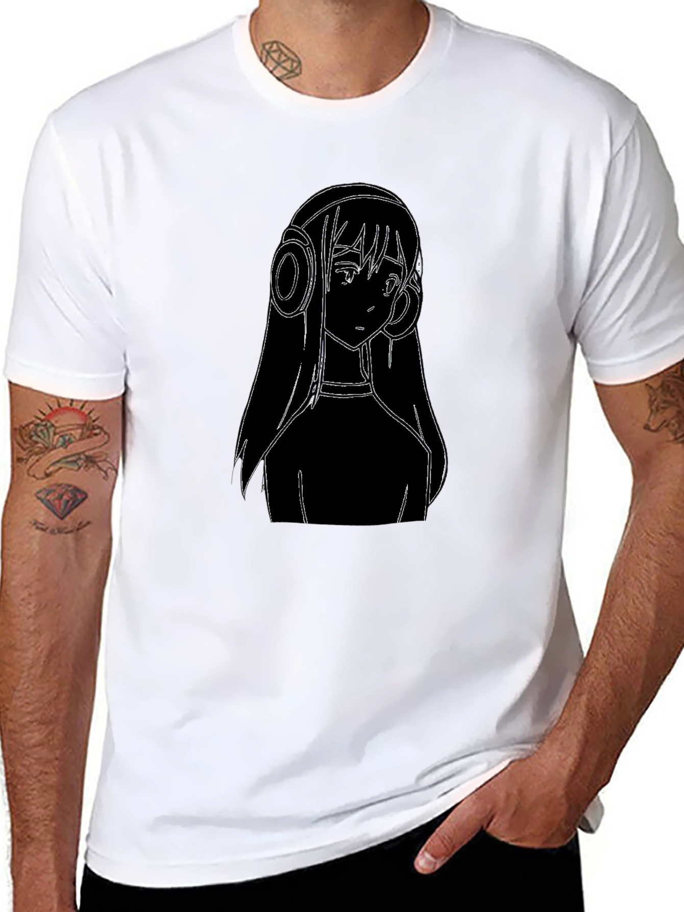 Anime Girl Headphones Graphic Tee - Black Cotton T-Shirt