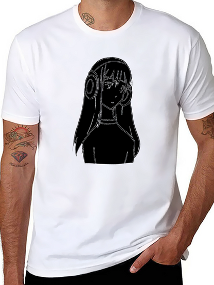Anime Girl Headphones Graphic Tee - Black Cotton T-Shirt