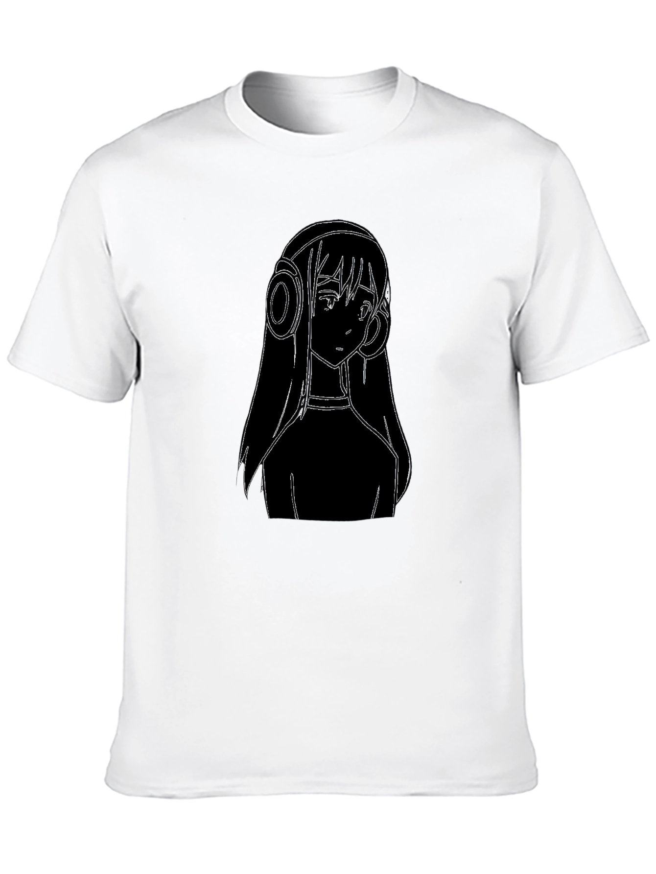 Anime Girl Headphones Graphic Tee - Black Cotton T-Shirt