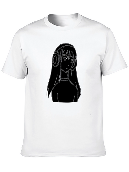 Anime Girl Headphones Graphic Tee - Black Cotton T-Shirt