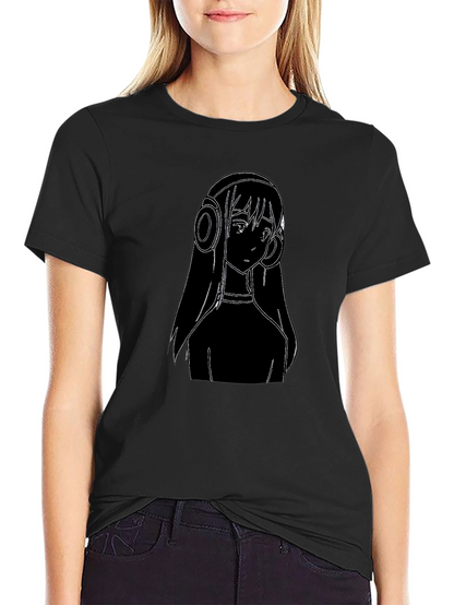 Anime Girl Headphones Graphic Tee - Black Cotton T-Shirt