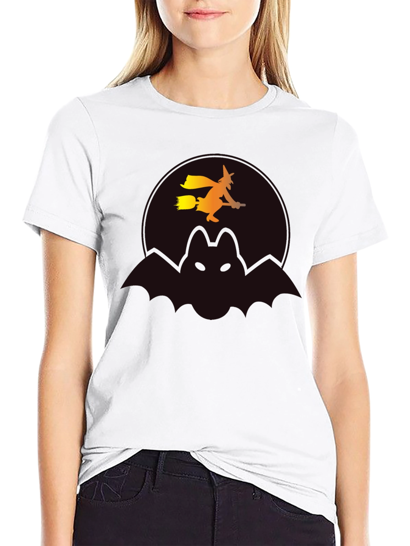 Halloween Witch & Bat Graphic Tee