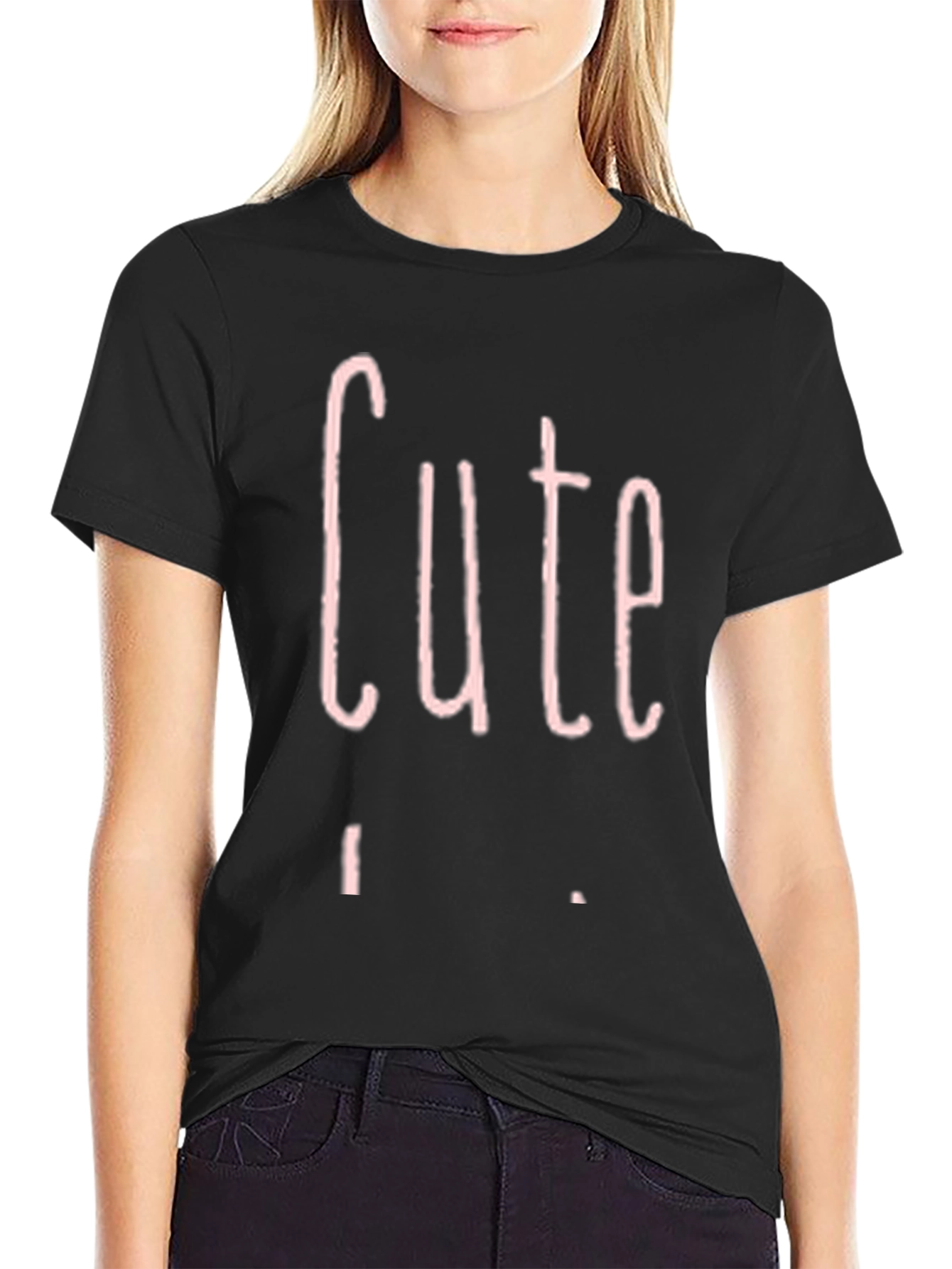Cute Pink Graphic Print Black T-Shirt