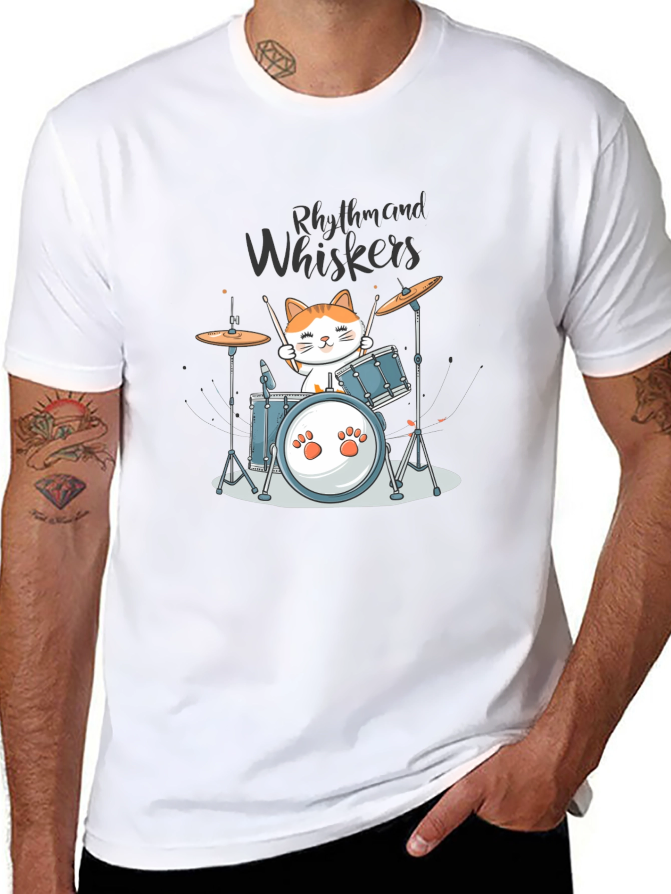 Rhythm and Whiskers Cat Drummer T-Shirt
