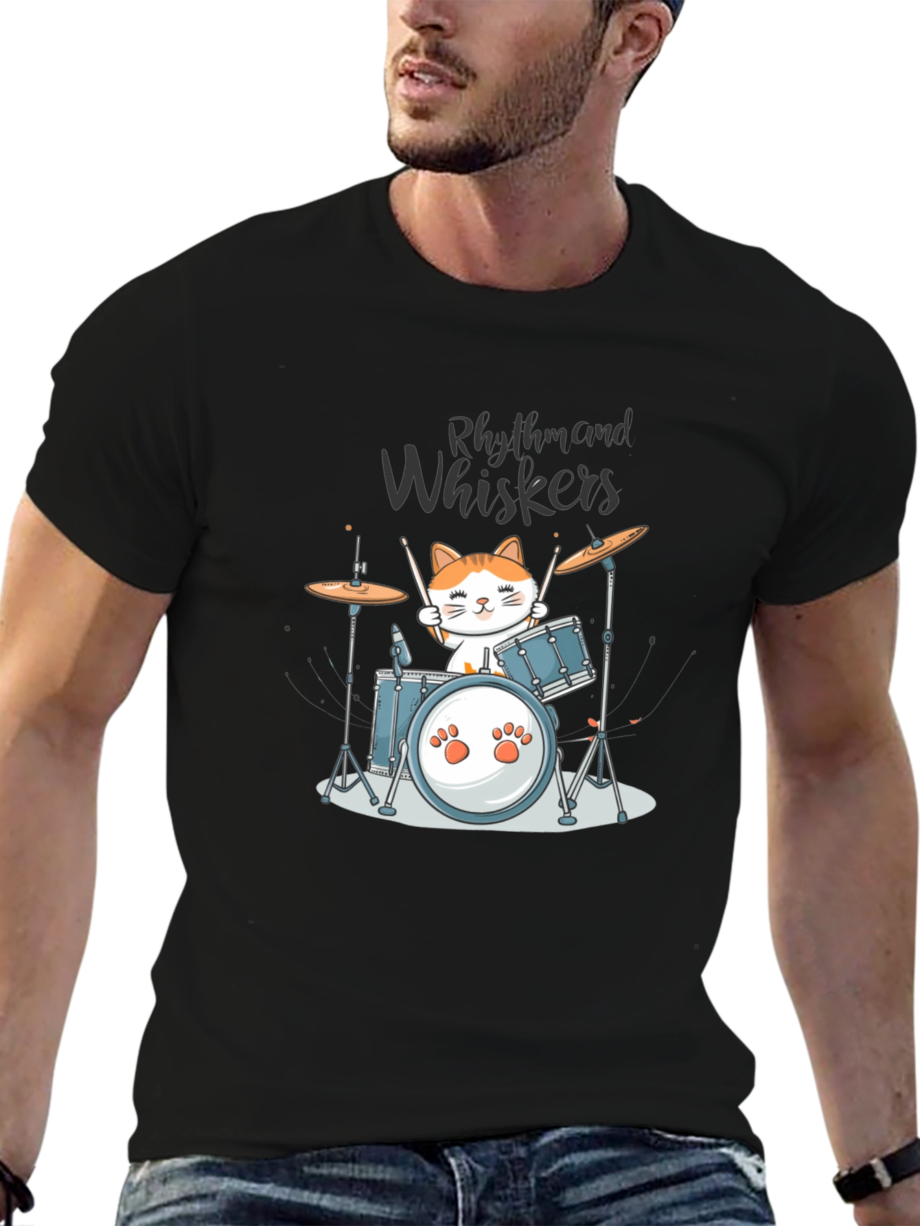 Rhythm and Whiskers Cat Drummer T-Shirt