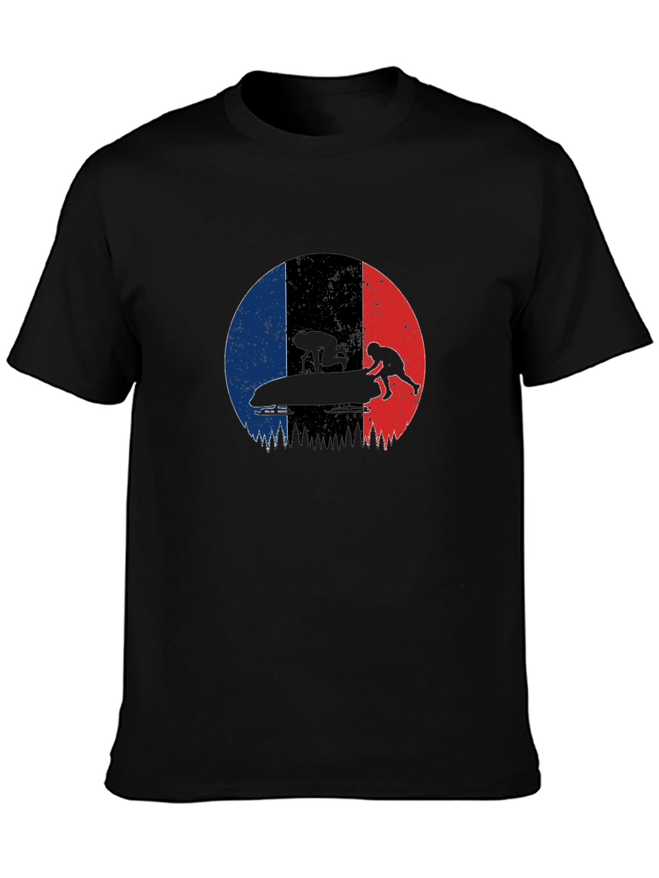 Bobsled Silhouette on French Flag Black T-Shirt