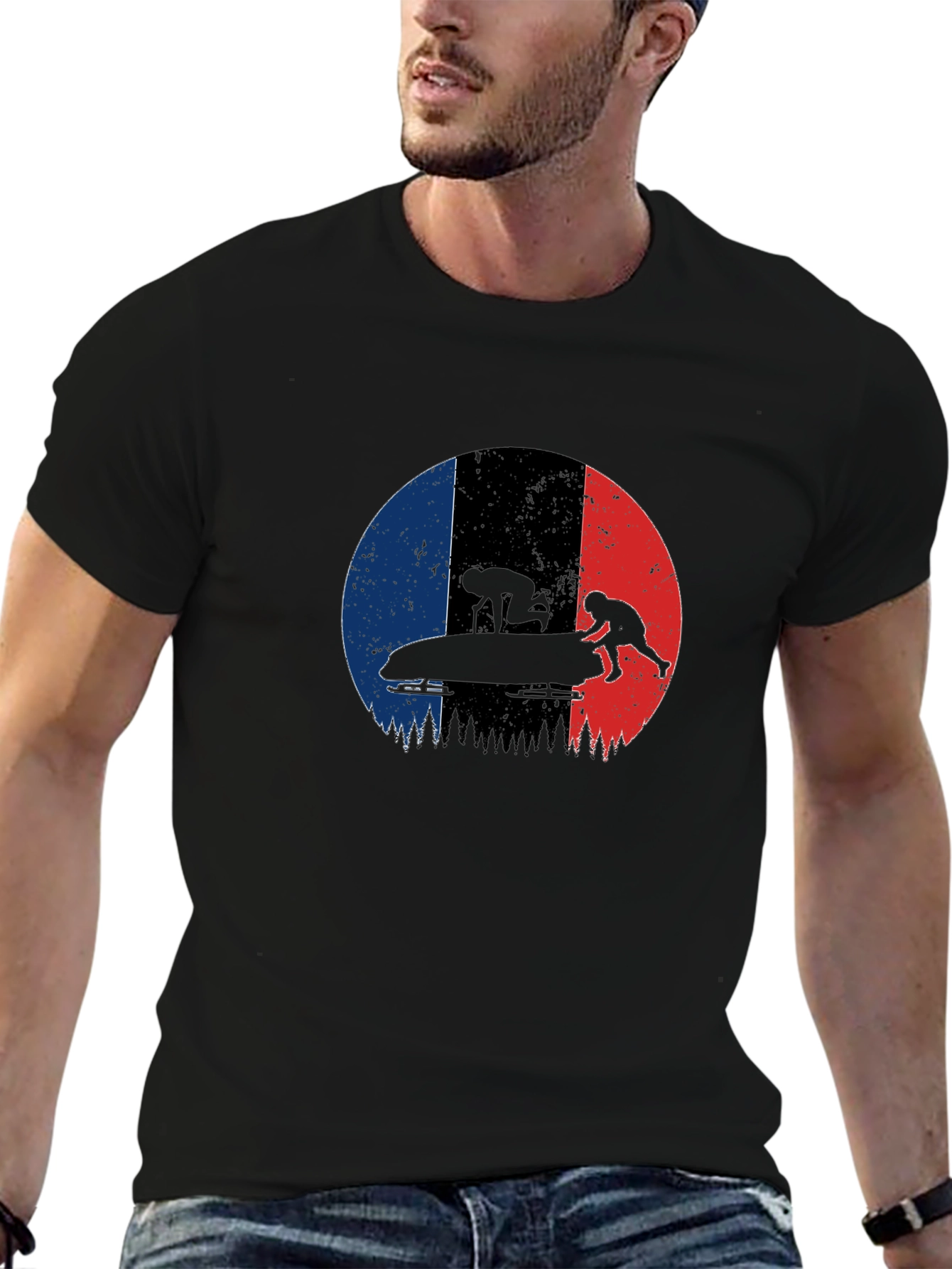 Bobsled Silhouette on French Flag Black T-Shirt