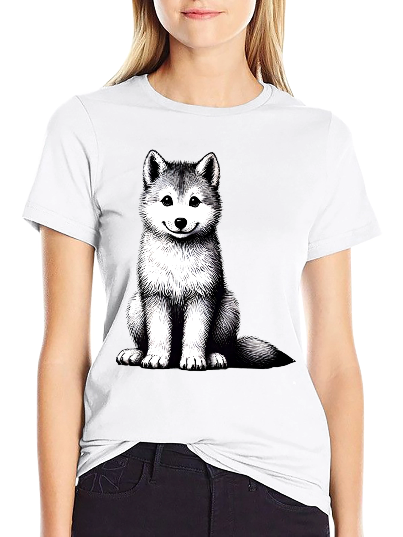 Husky Puppy Graphic Tee - Black