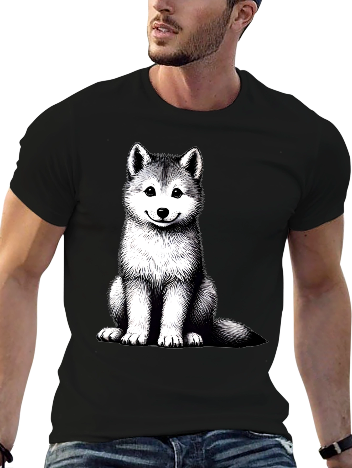 Husky Puppy Graphic Tee - Black